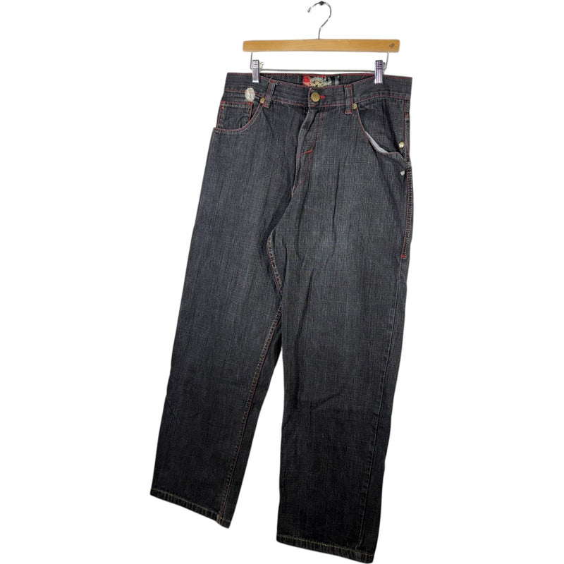 Vintage No Retreat Embroidered Wide Leg Denim Jeans 34 x 32