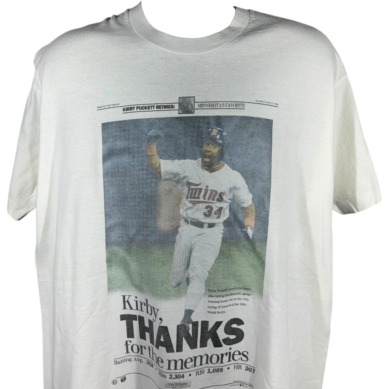 Vintage Kirby Puckett "Thank For The Memories" Newspaper Tee