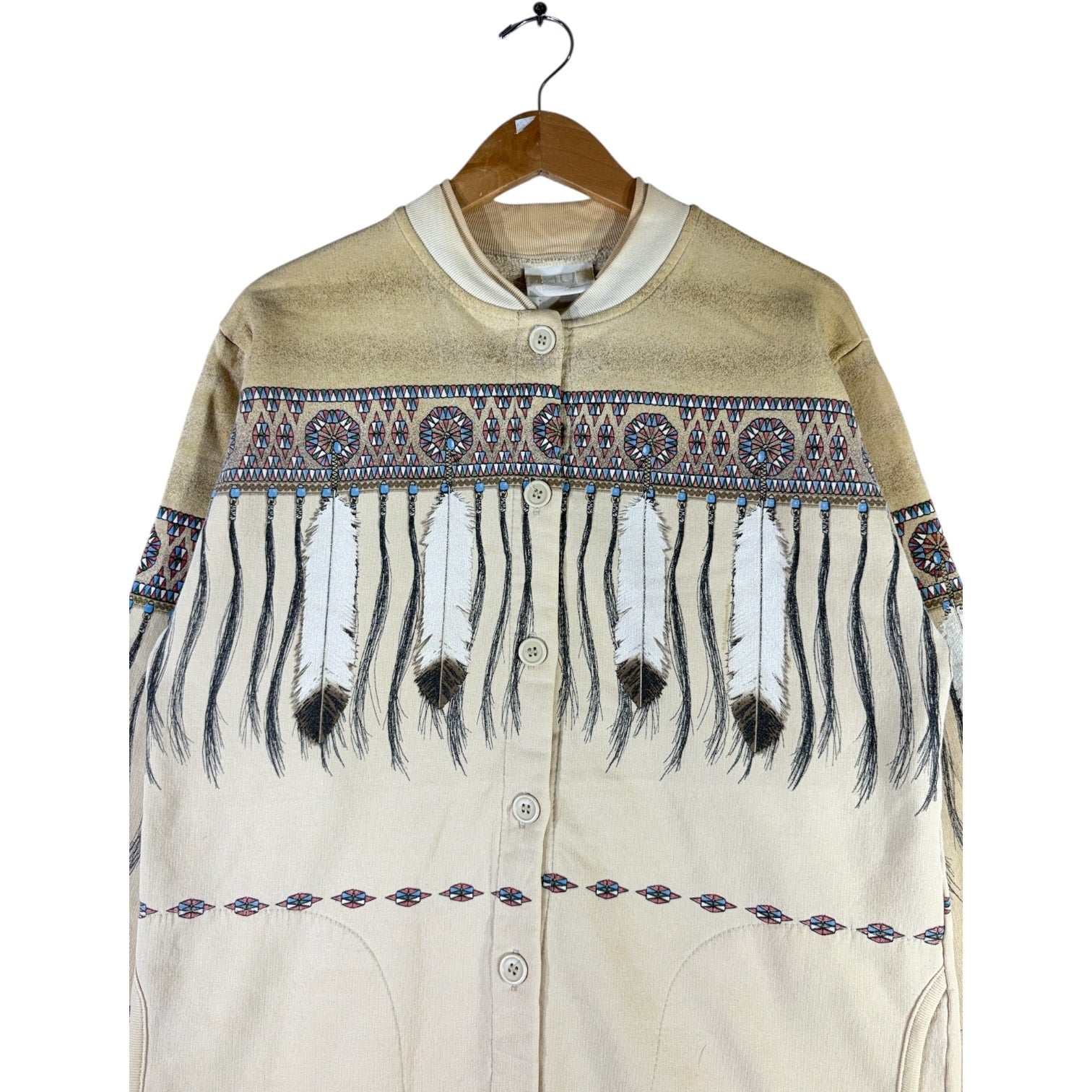 Vintage Native American Feather Pattern Button Up Jacket