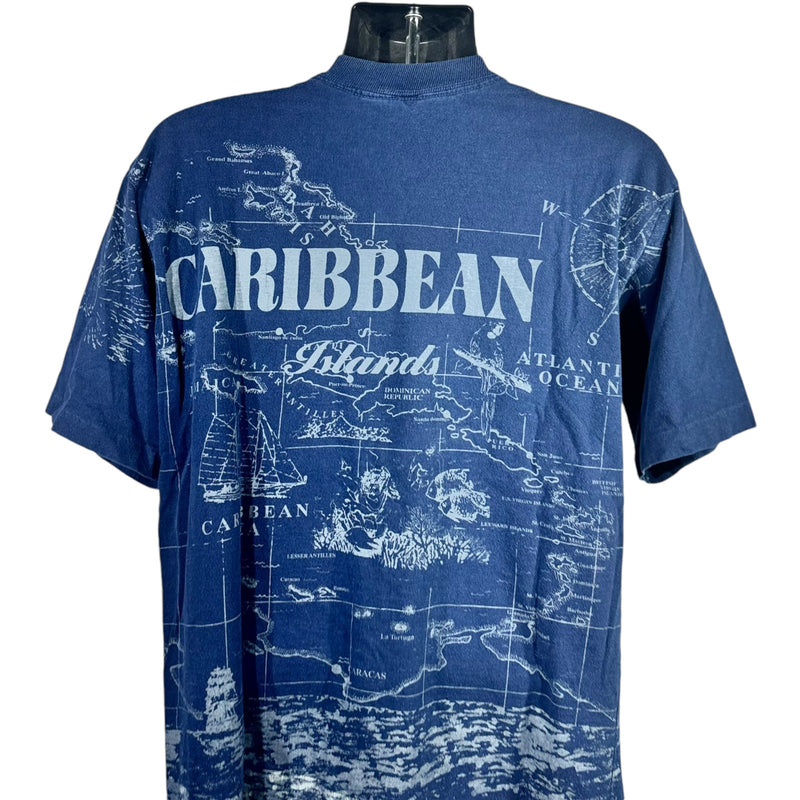 Vintage Caribbean Islands Map Print AOP Tee 90s