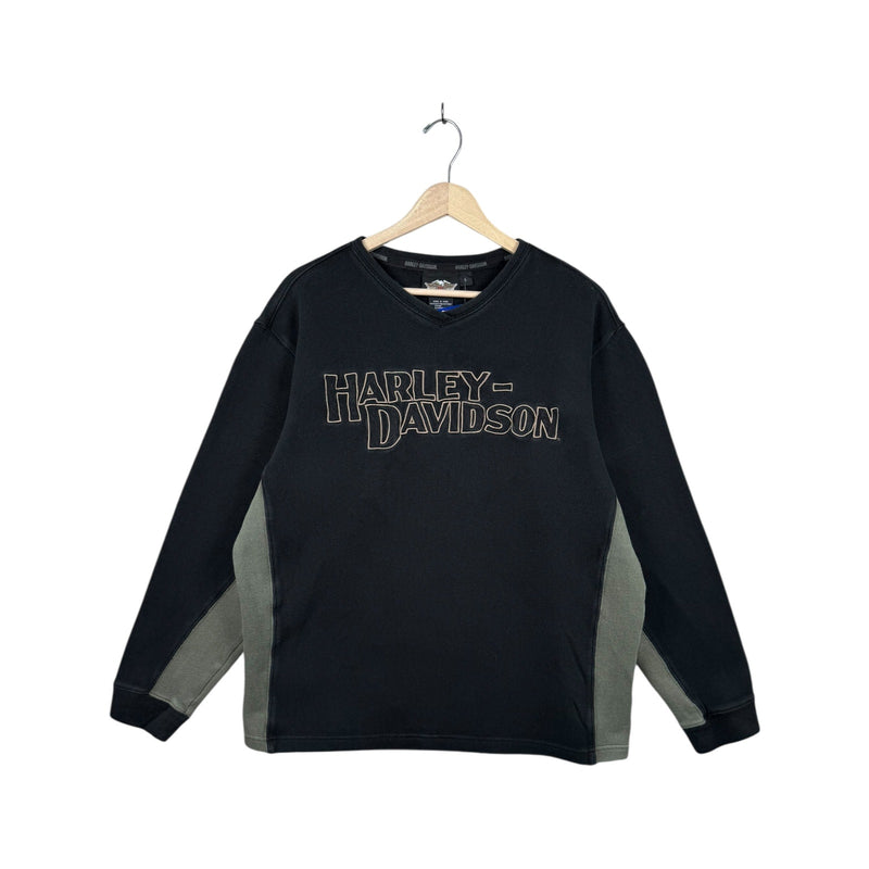 Vintage Harley Davidson Embroidered Two Tone V-Neck Sweatshirt