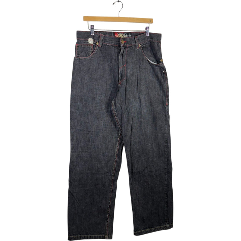 Vintage No Retreat Embroidered Wide Leg Denim Jeans 34 x 32