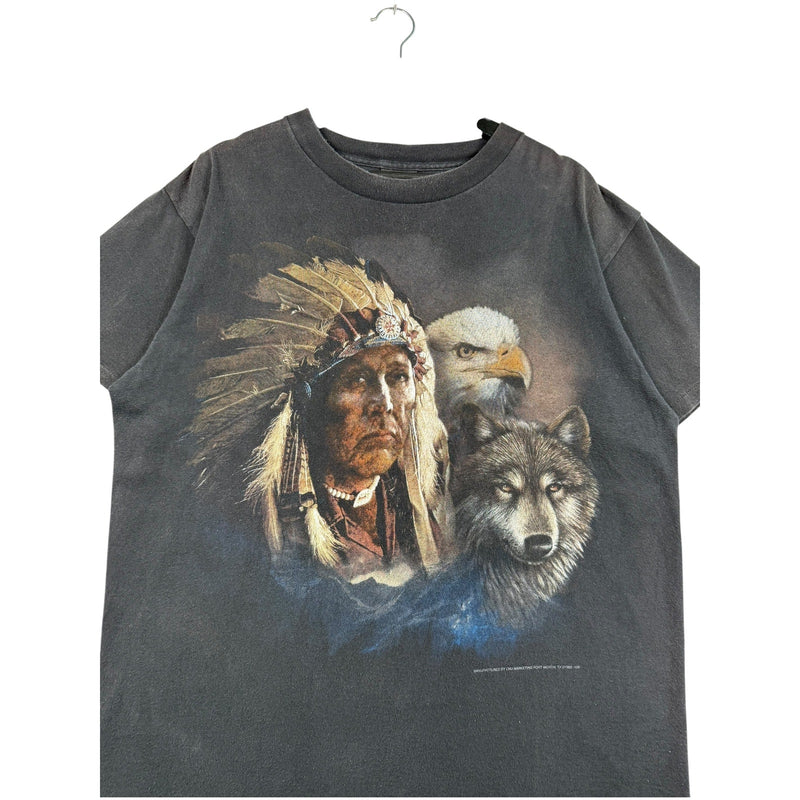 Vintage 3D Emblem Big Face Native Wolf Eagle Art T-Shirt