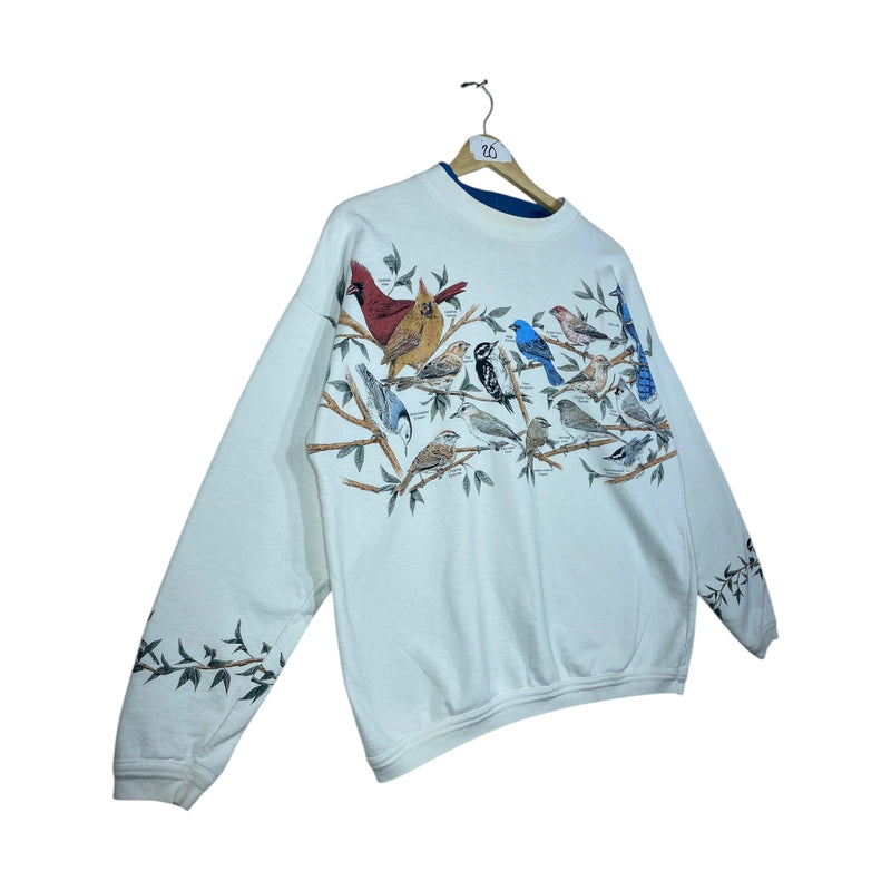 Vintage Women's Artisan Bird Family Allover Print Crewneck