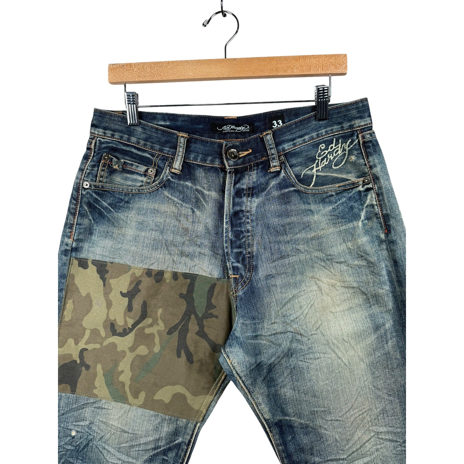 Vintage Ed Hardy Camo Patchworks Chino Denim Shorts 33