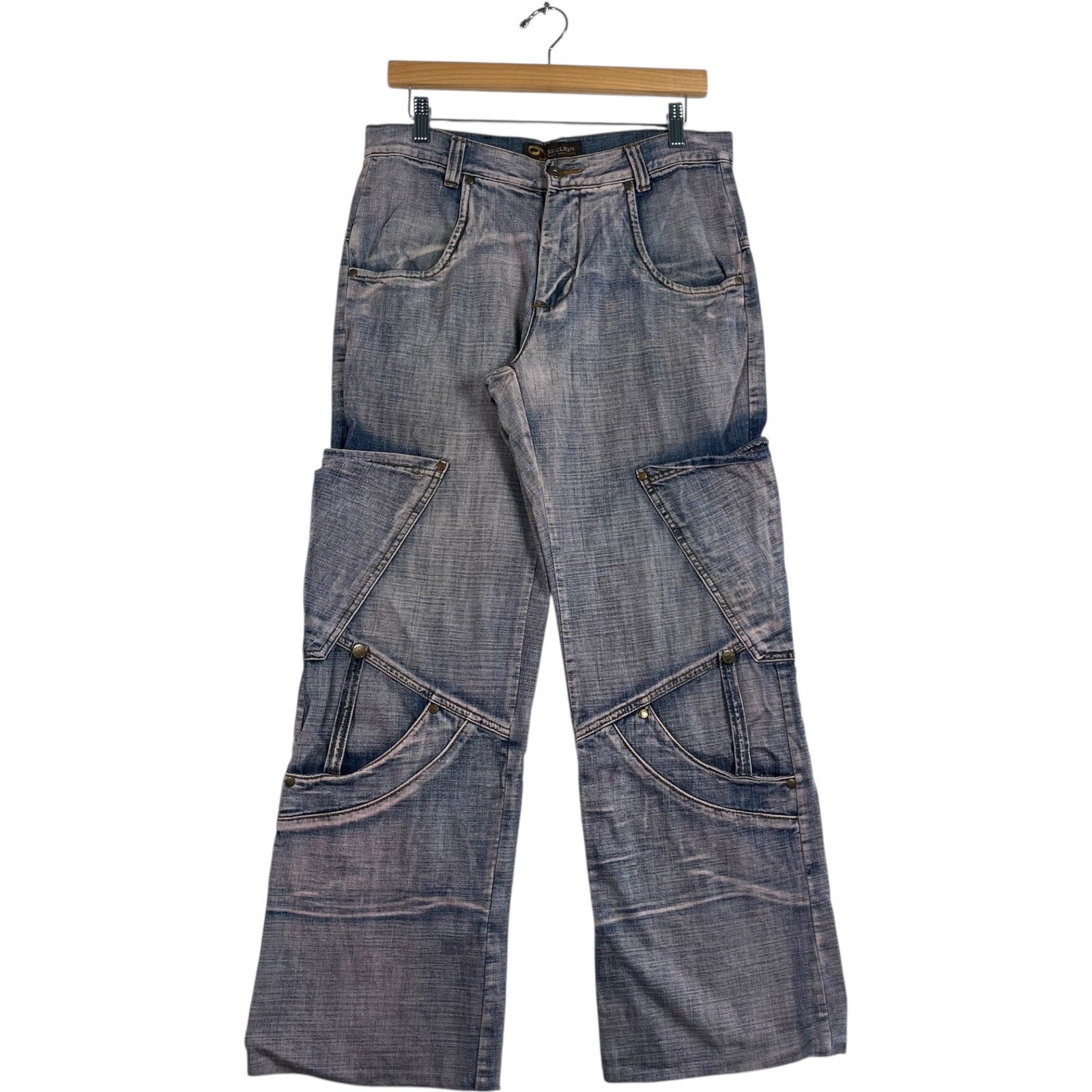 Vintage Skeleton Large Pockets Wide Leg Denim Jeans 34x29