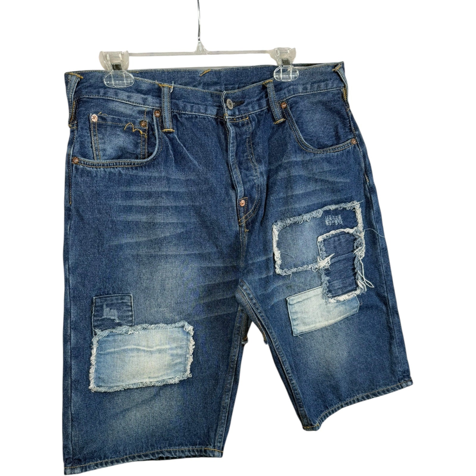 Vintage Evisu Distressed Patchwork Denim Shorts 36