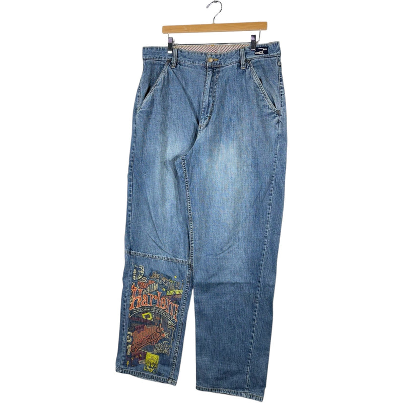 Vintage Harlem Globe Trotters Spellout Graphic Wide Leg Denim Jeans 38x33
