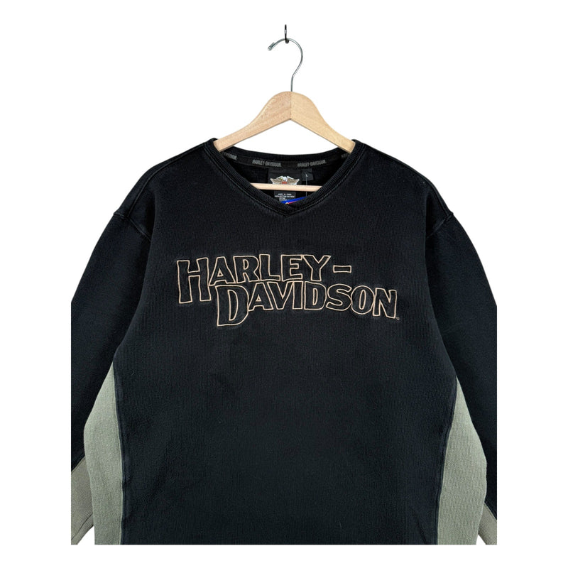 Vintage Harley Davidson Embroidered Two Tone V-Neck Sweatshirt