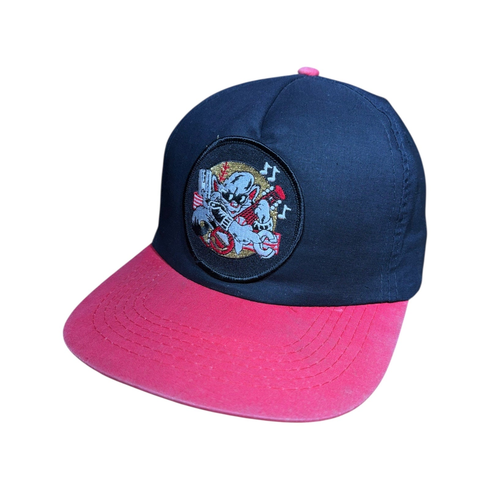Vintage Cartoon Cat Guitar Embroidered Snapback Hat