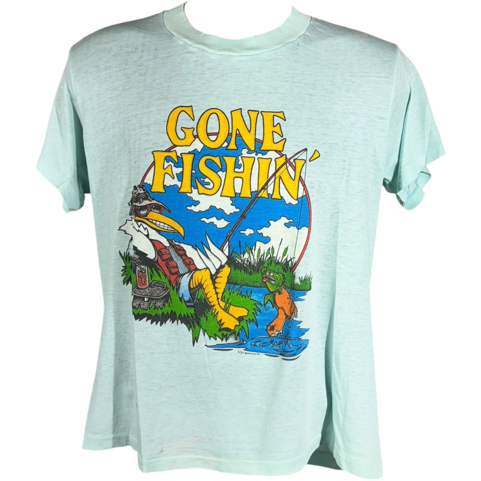 Vintage "Gone Fishin" Cartoon Art Tee 80s