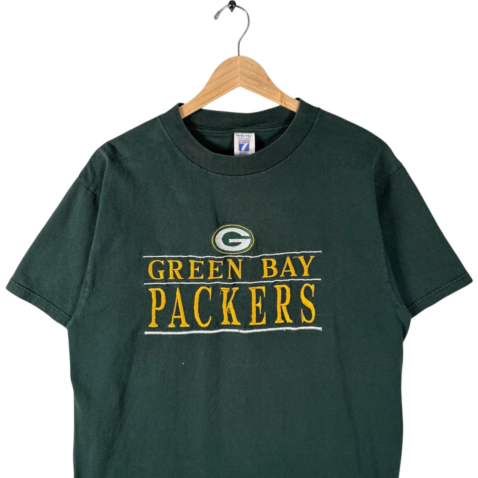 Vintage Logo 7 Green Bay Packers Embroidered Spellout NFL Tee 90s