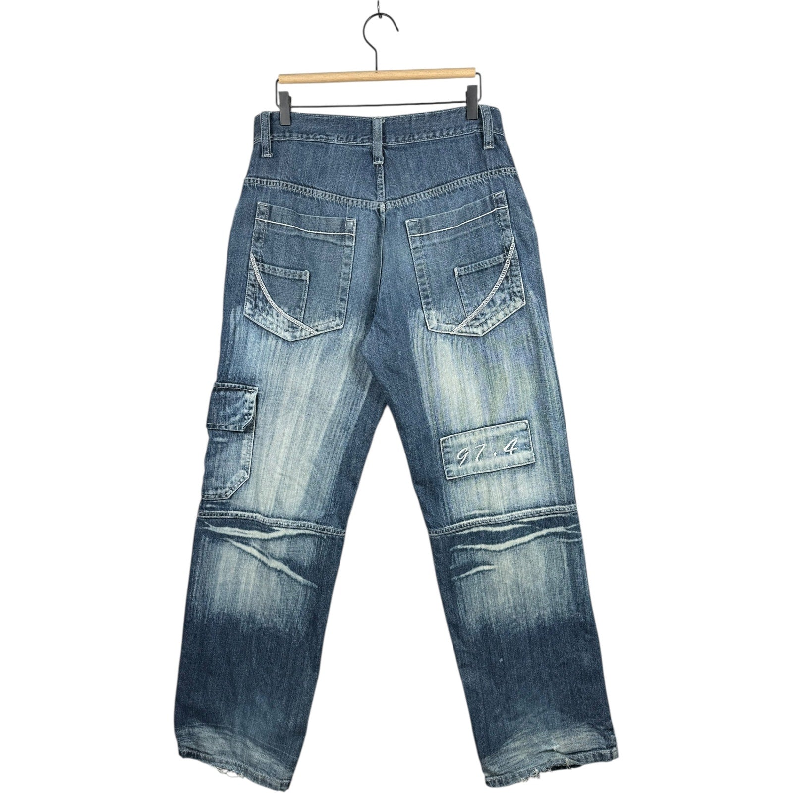 Vintage Acid Wash Distressed Cargo Straight Leg Denim Jeans