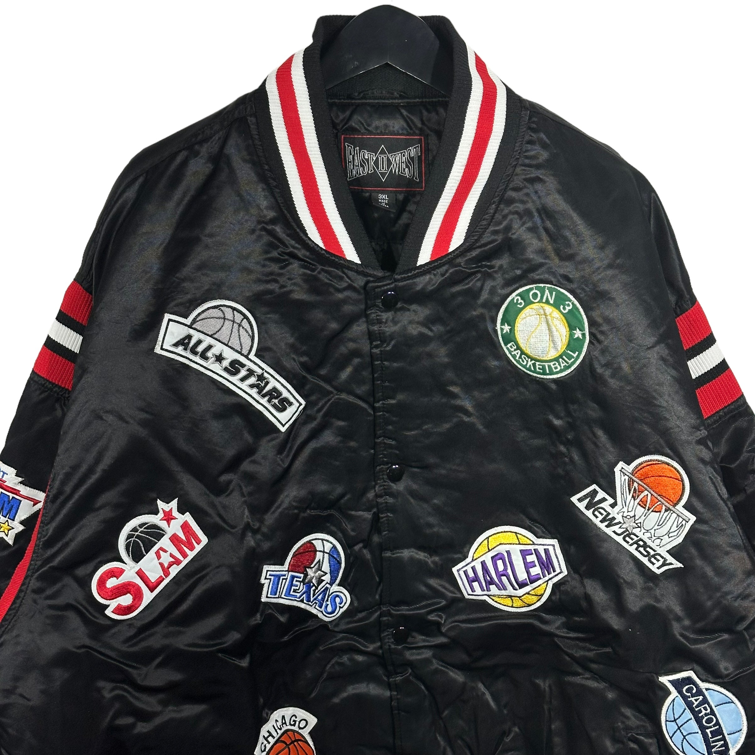 Vintage East To West All Over Patch Basketball Satin Bomber Jacket