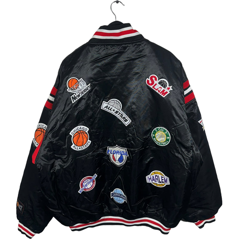 Vintage East To West All Over Patch Basketball Satin Bomber Jacket