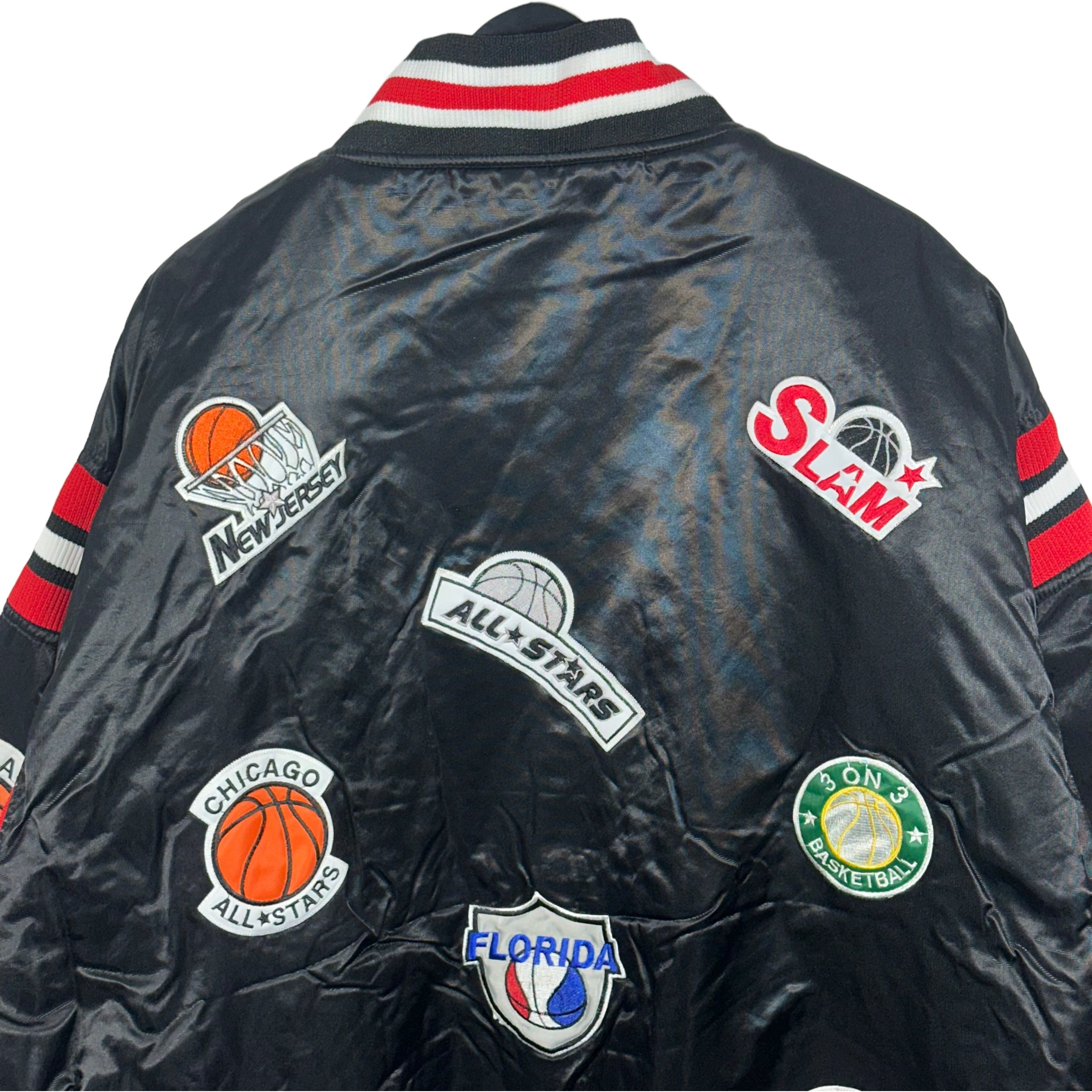 Vintage East To West All Over Patch Basketball Satin Bomber Jacket