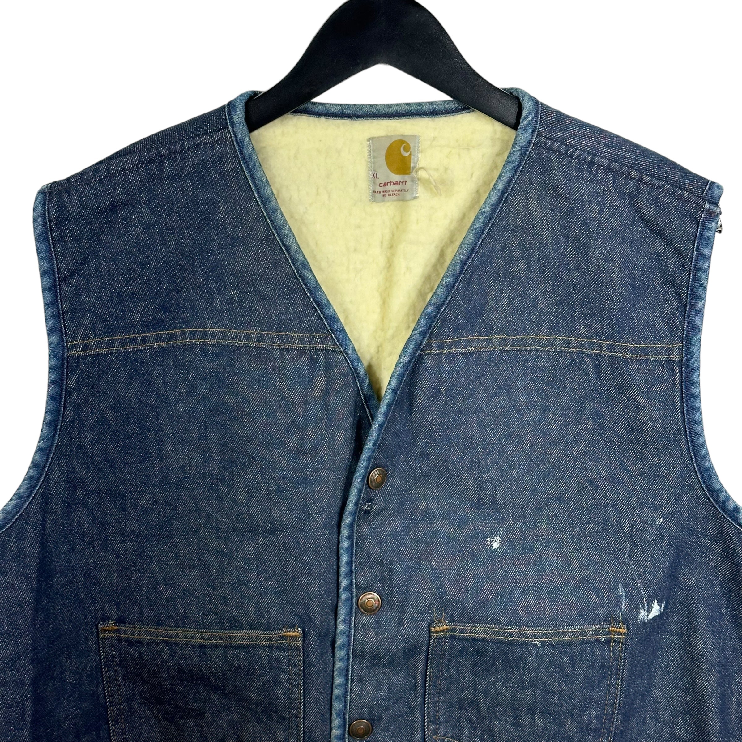 VTG! 1970’s Carhartt Denim Faux Sherpa Lined Vest Button Down authentic L-EUC