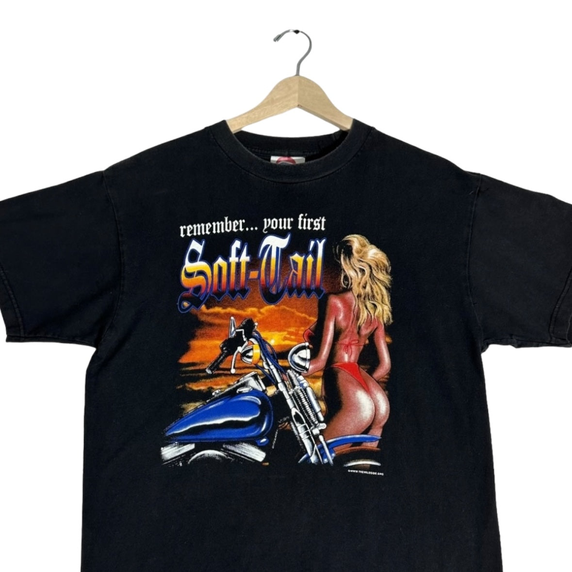 Vintage "Remember Your First Soft Tail" Pinup Biker Tee