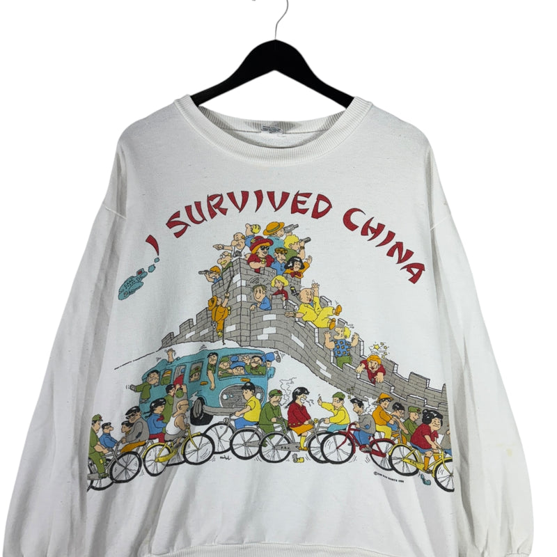 Vintage "I Survived China" Comedic Illustration Crewneck