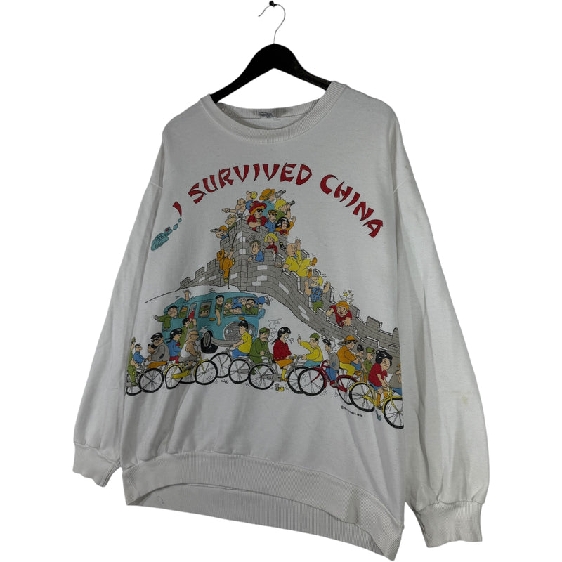 Vintage "I Survived China" Comedic Illustration Crewneck