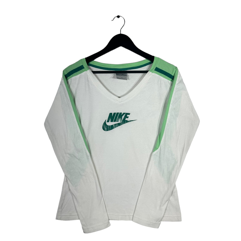 Vintage Nike Women's Spellout V-Neck Long Sleeve Shirt