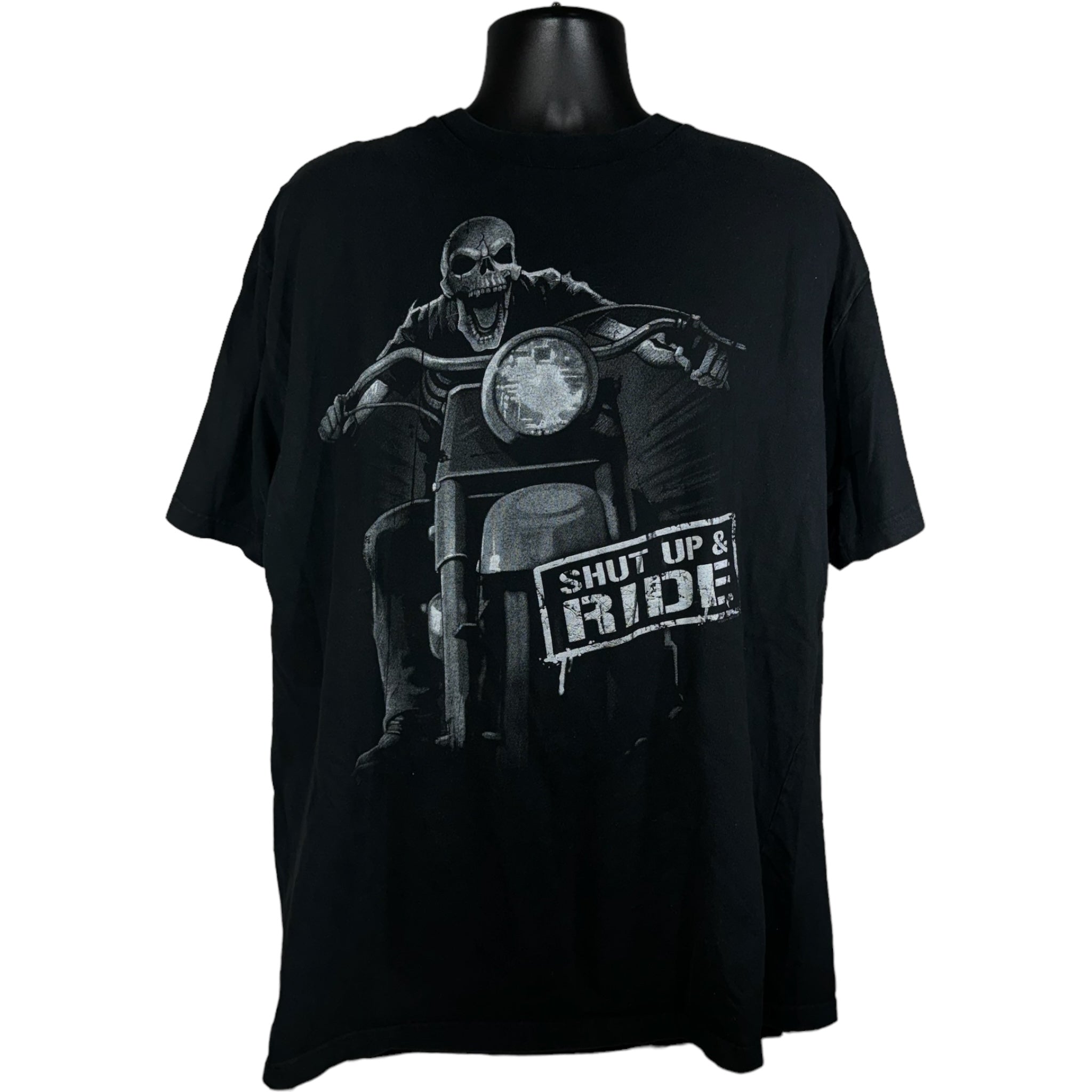 Vintage Skeleton "Shut Up & Ride" Motorcycle Liquid Blue Tee