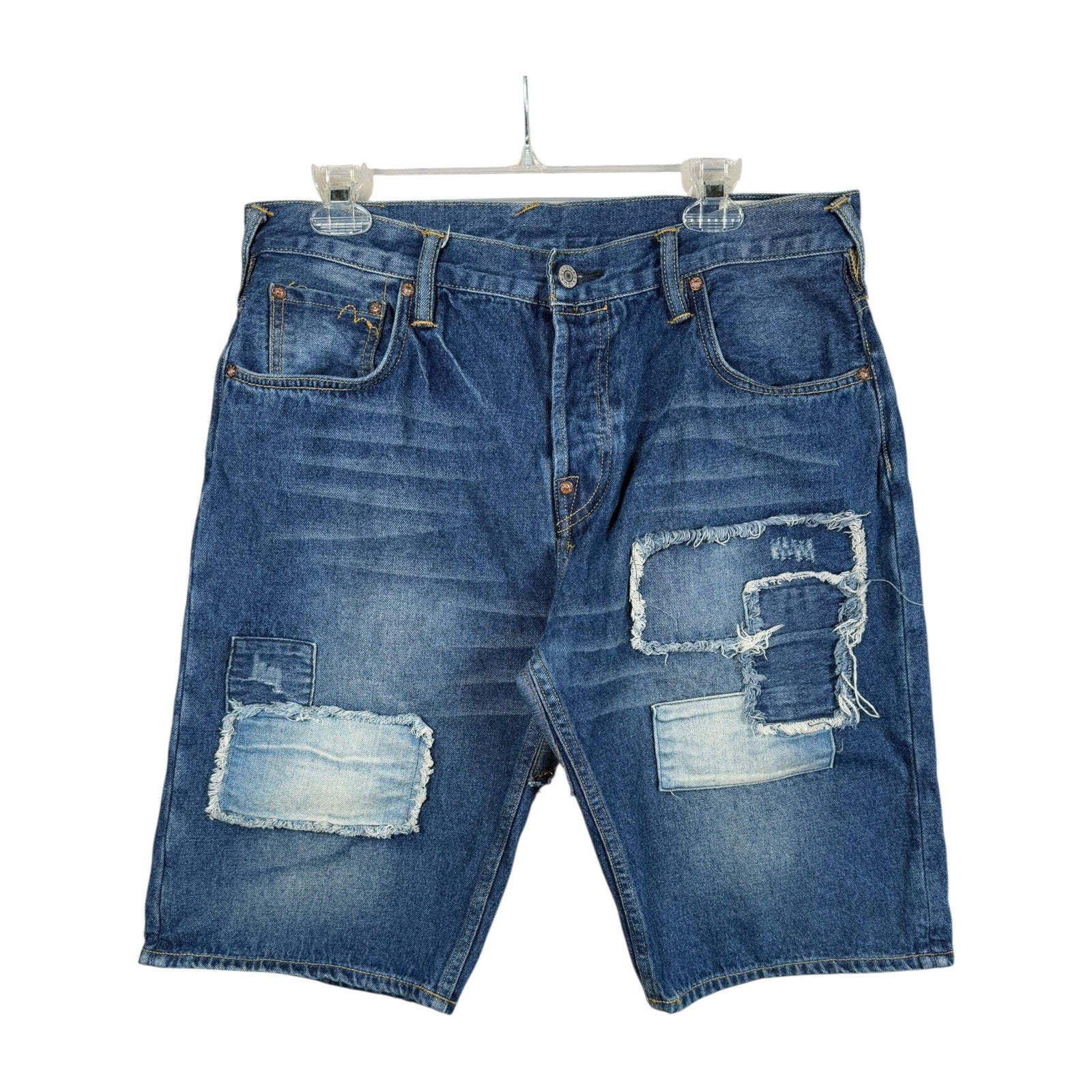 Vintage Evisu Distressed Patchwork Denim Shorts 36