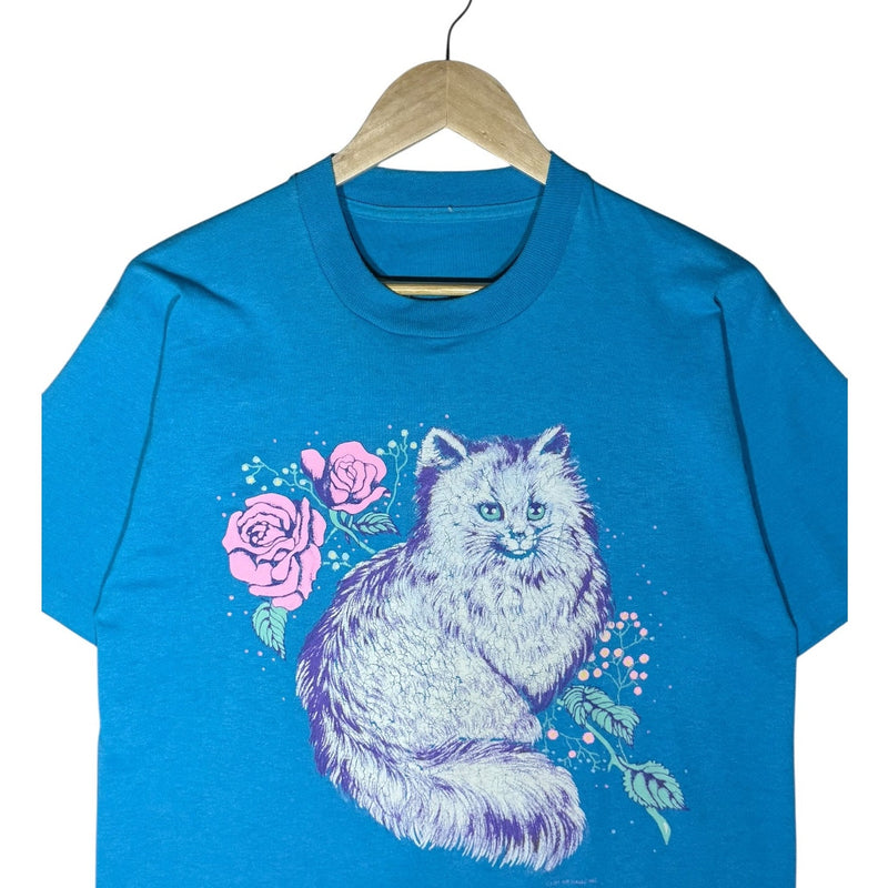 Vintage Fluffy White Cat Roses Graphic T-Shirt