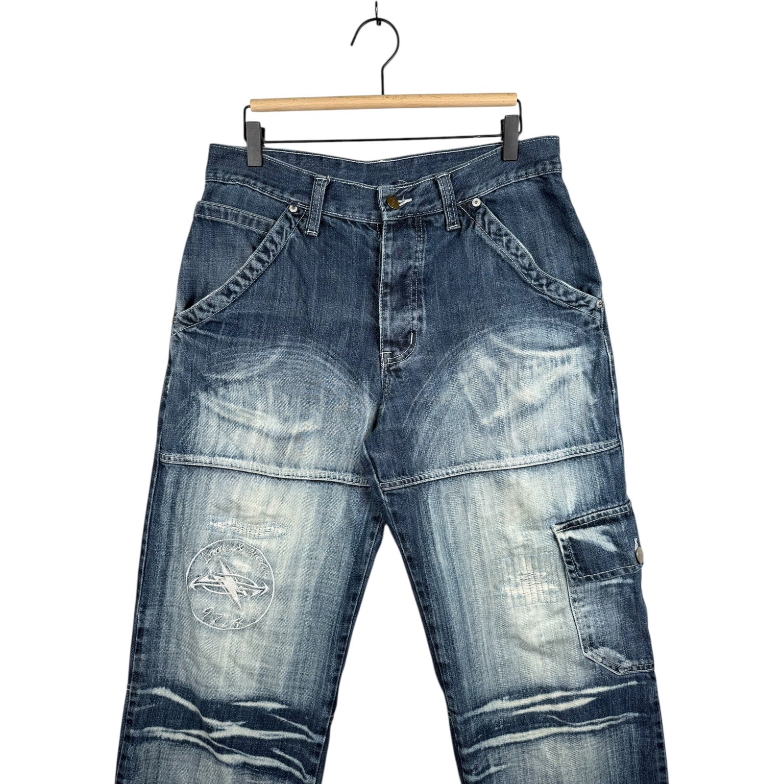 Vintage Acid Wash Distressed Cargo Straight Leg Denim Jeans