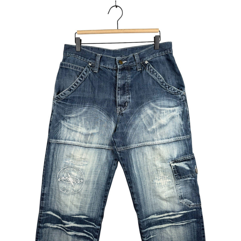 Vintage Acid Wash Distressed Cargo Straight Leg Denim Jeans