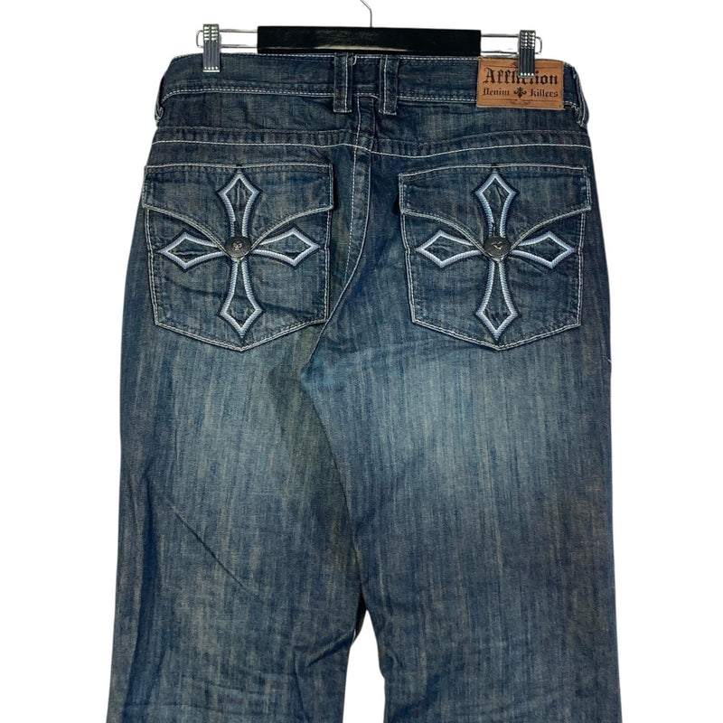 Vintage Affliction Embroidered Cross Pockets Denim Jeans 34