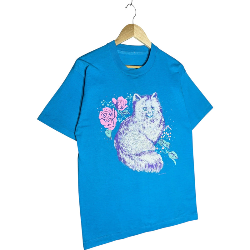 Vintage Fluffy White Cat Roses Graphic T-Shirt