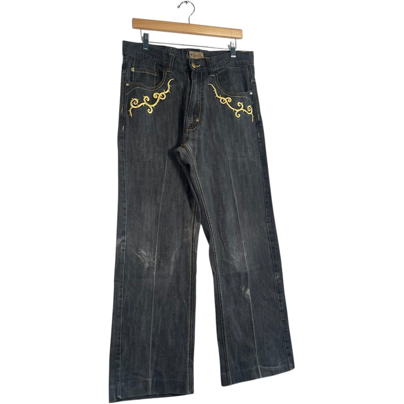 Vintage Russo Embroidered Fashion Wide Leg Denim Jeans 32x32