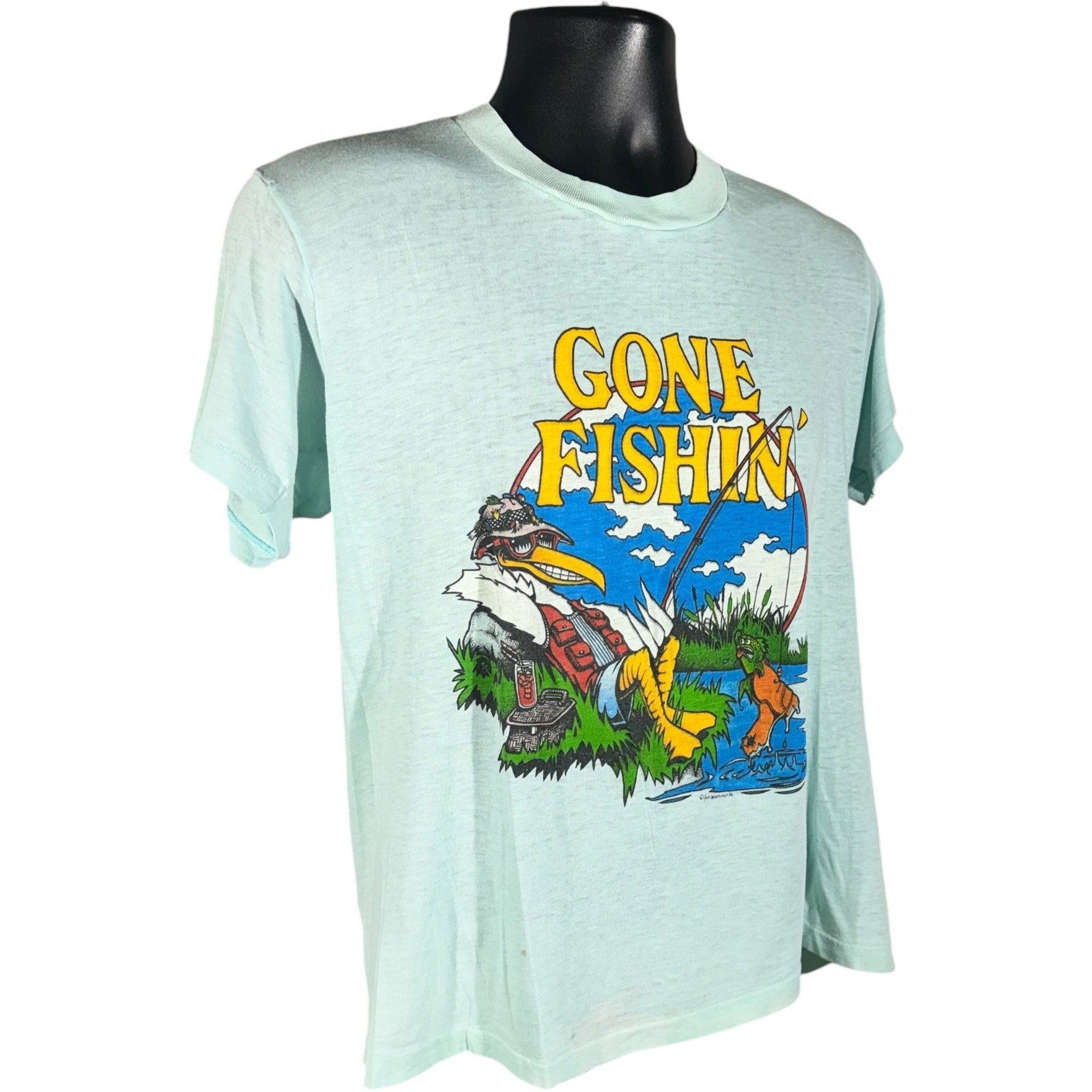 Vintage "Gone Fishin" Cartoon Art Tee 80s