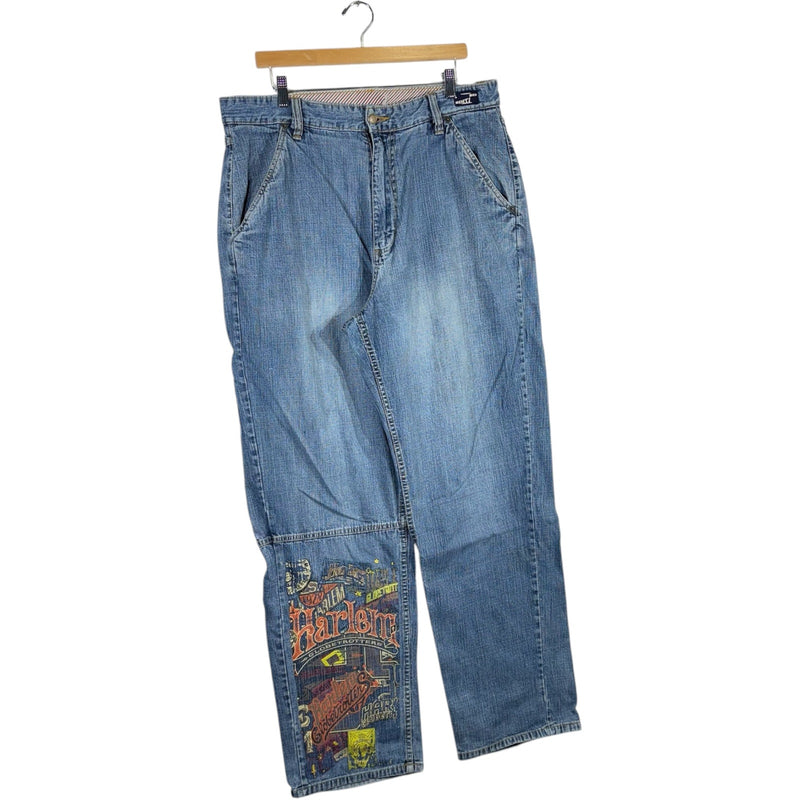 Vintage Harlem Globe Trotters Spellout Graphic Wide Leg Denim Jeans 38x33