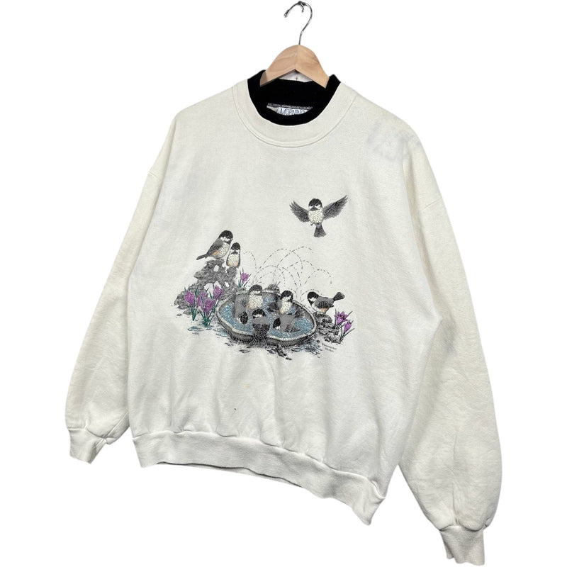Vintage Birds In A Bird Bath Double Collar Crewneck