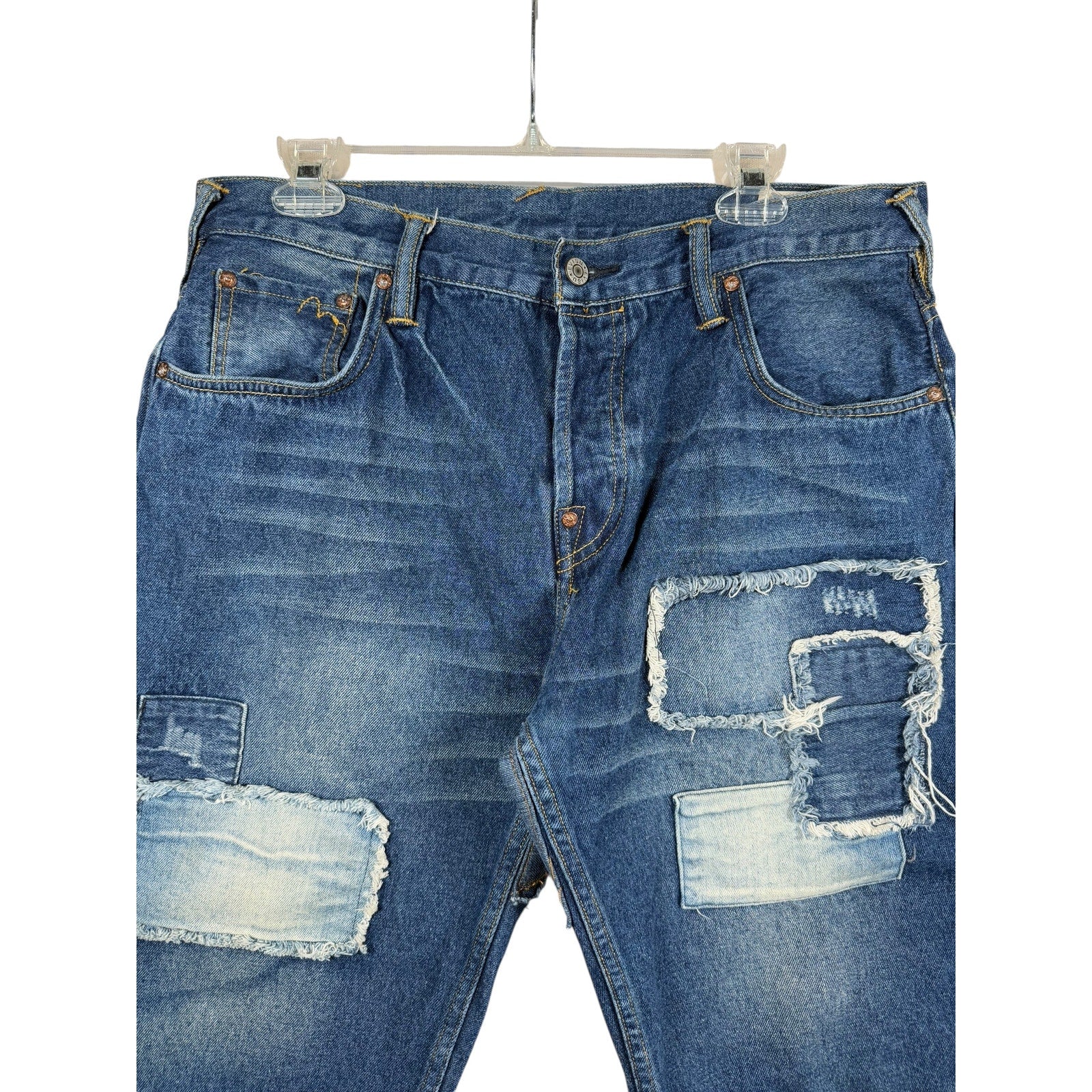 Vintage Evisu Distressed Patchwork Denim Shorts 36