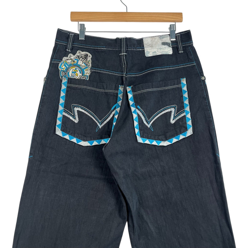 Y2K Embroidered Detail Wide Leg Denim Jeans 34x29