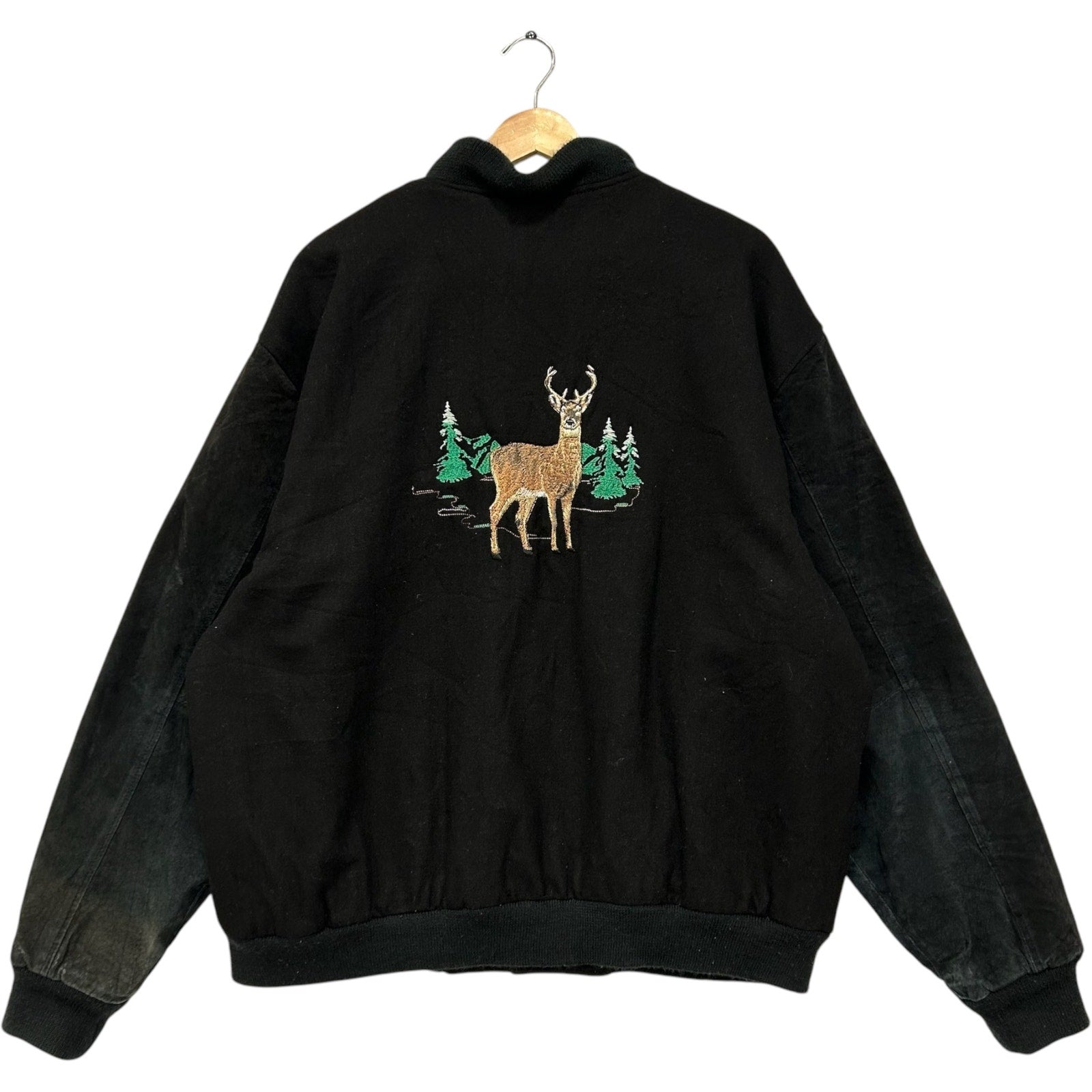 Vintage Retreat Deer Forest Embroiled Varsity Jacket