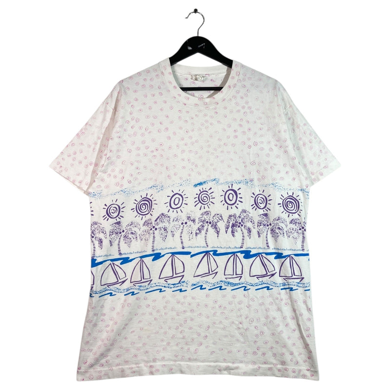 Vintage Tropical Sailboat Palm Tree Print T-Shirt