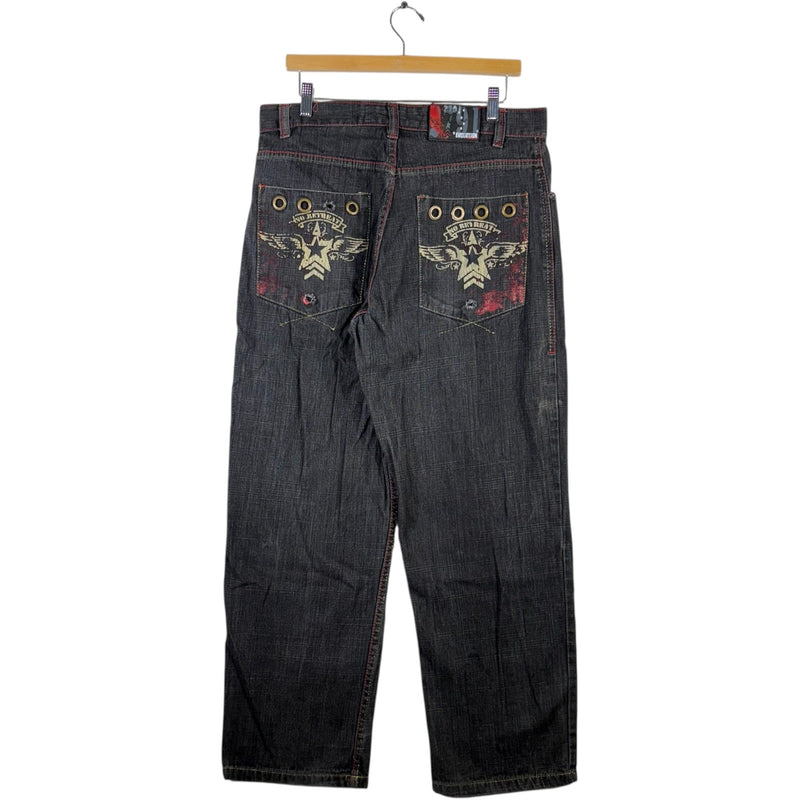 Vintage No Retreat Embroidered Wide Leg Denim Jeans 34 x 32