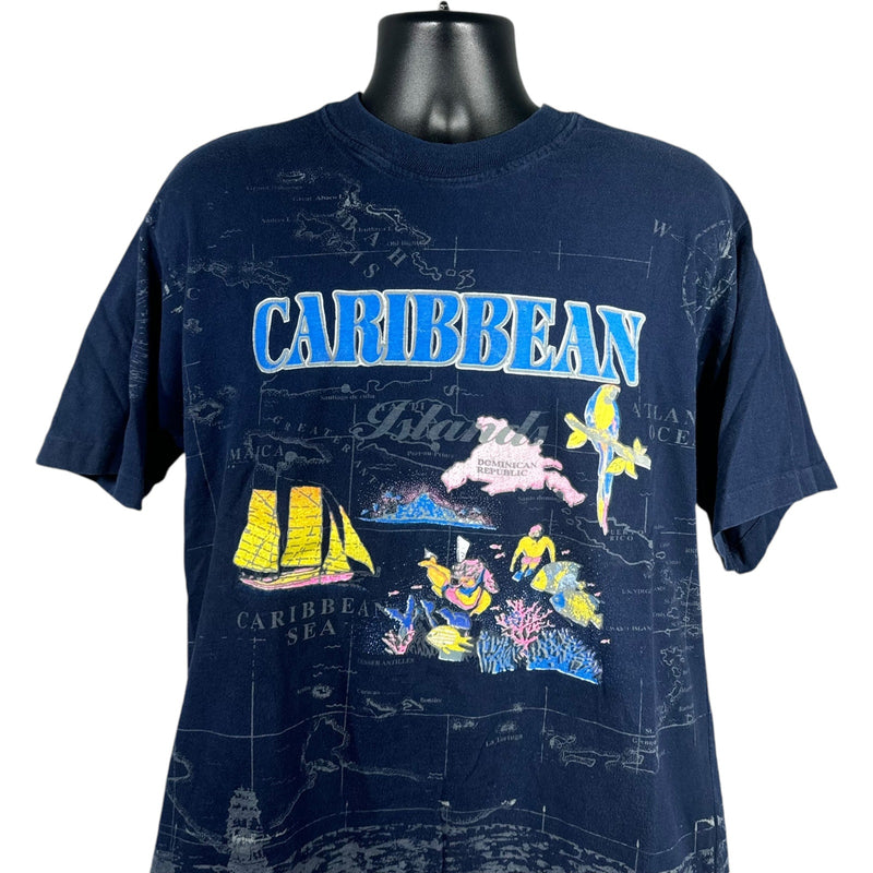 Vintage Caribbean Islands Map Print AOP Tee 90s