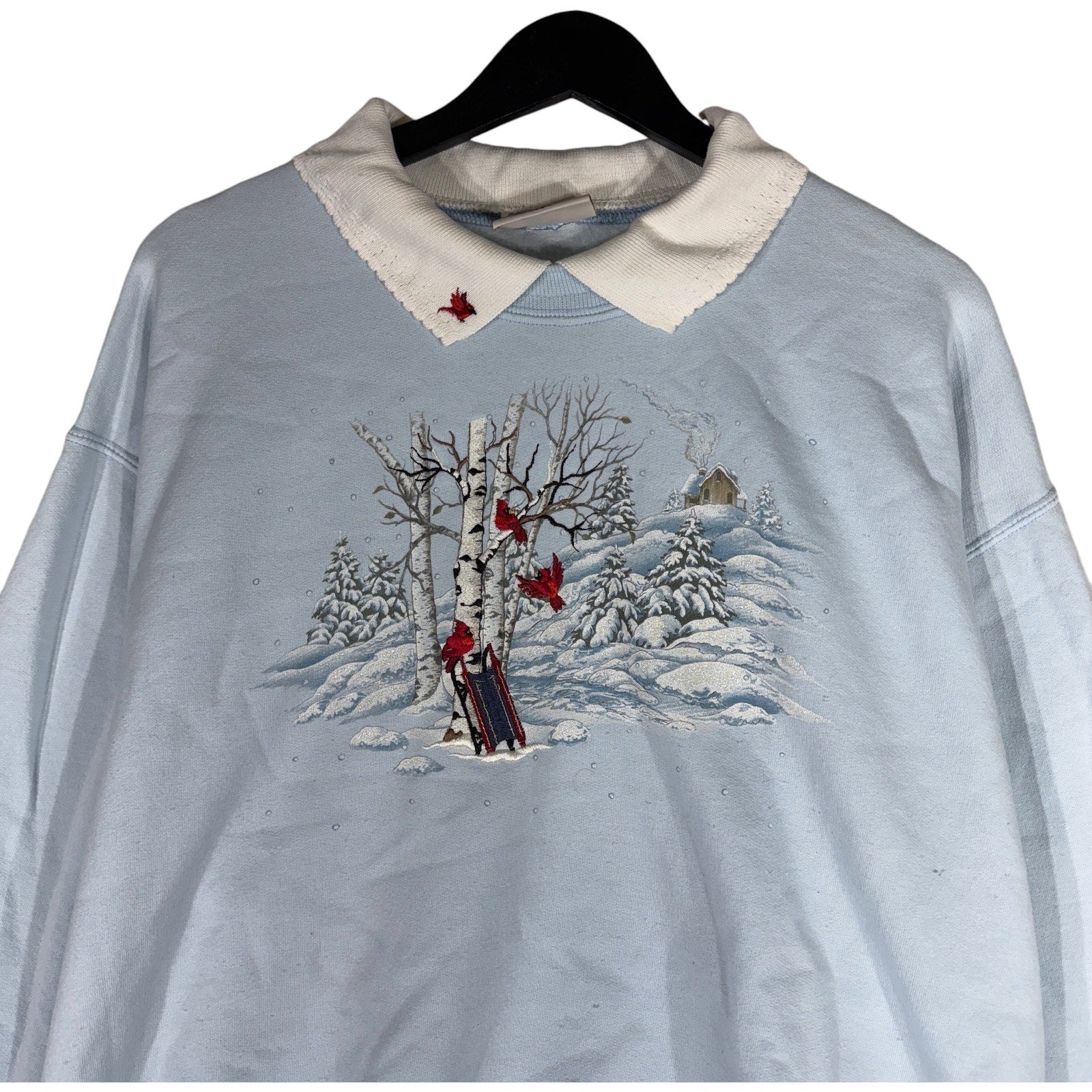 Vintage Women's Winter Scenery Cardinals Collared Crewneck