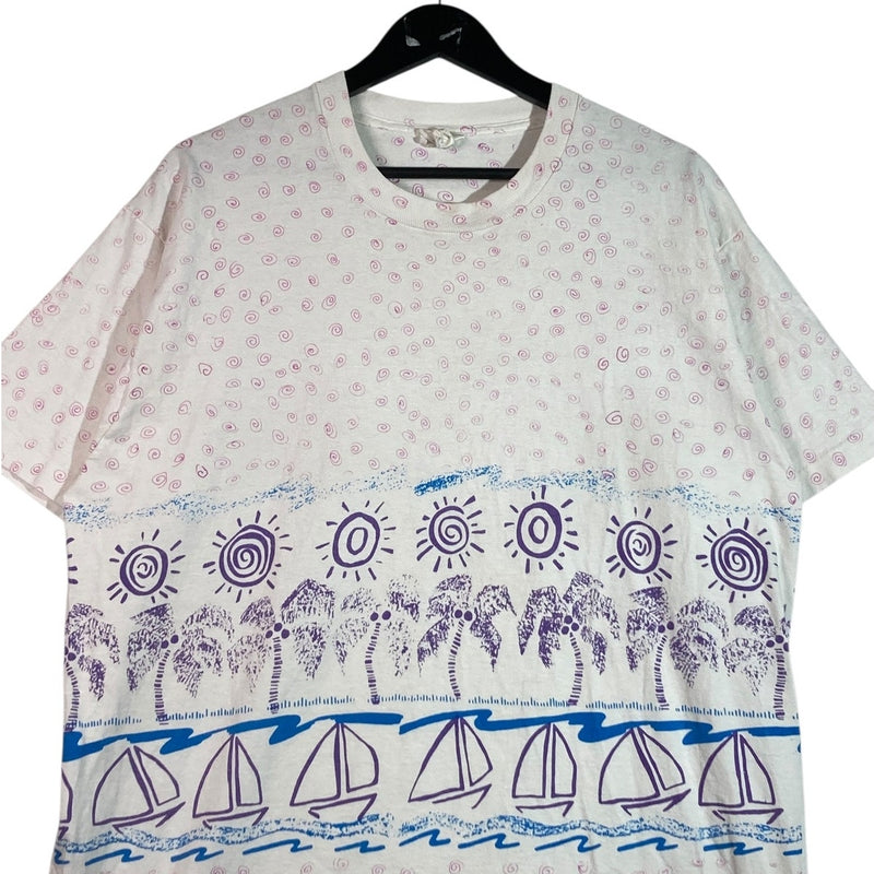 Vintage Tropical Sailboat Palm Tree Print T-Shirt