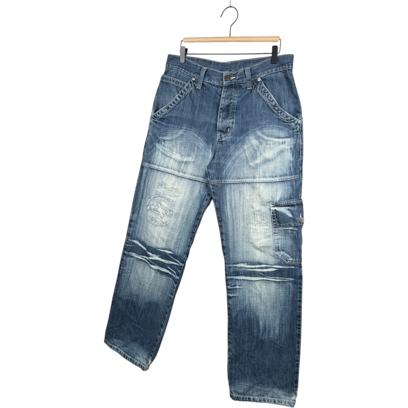 Vintage Acid Wash Distressed Cargo Straight Leg Denim Jeans