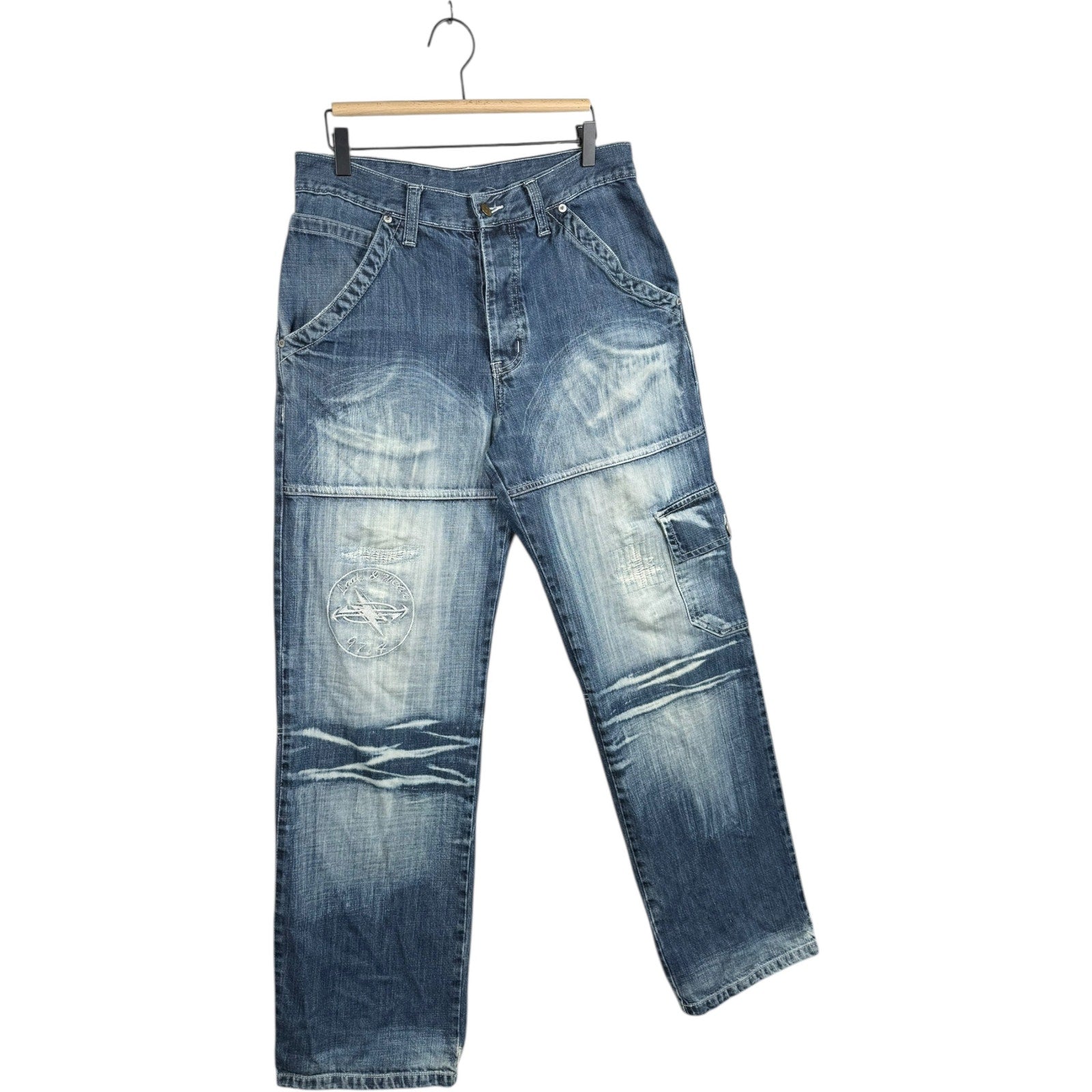 Vintage Acid Wash Distressed Cargo Straight Leg Denim Jeans