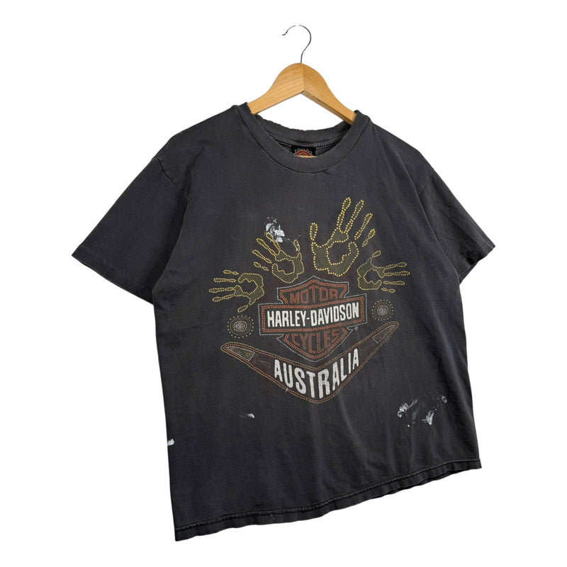 Vintage Harley Davidson Australia Aboriginal Dot Art Hand Print T-Shirt