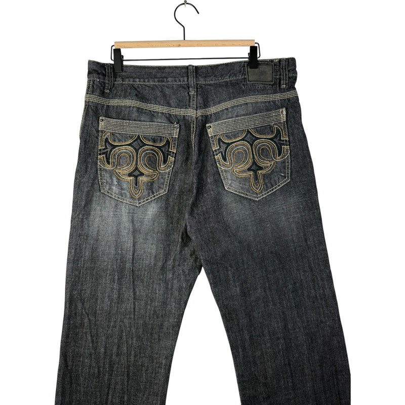 Vintage DHJC Tribal Embroidered Straight Leg Denim Jeans 36x27