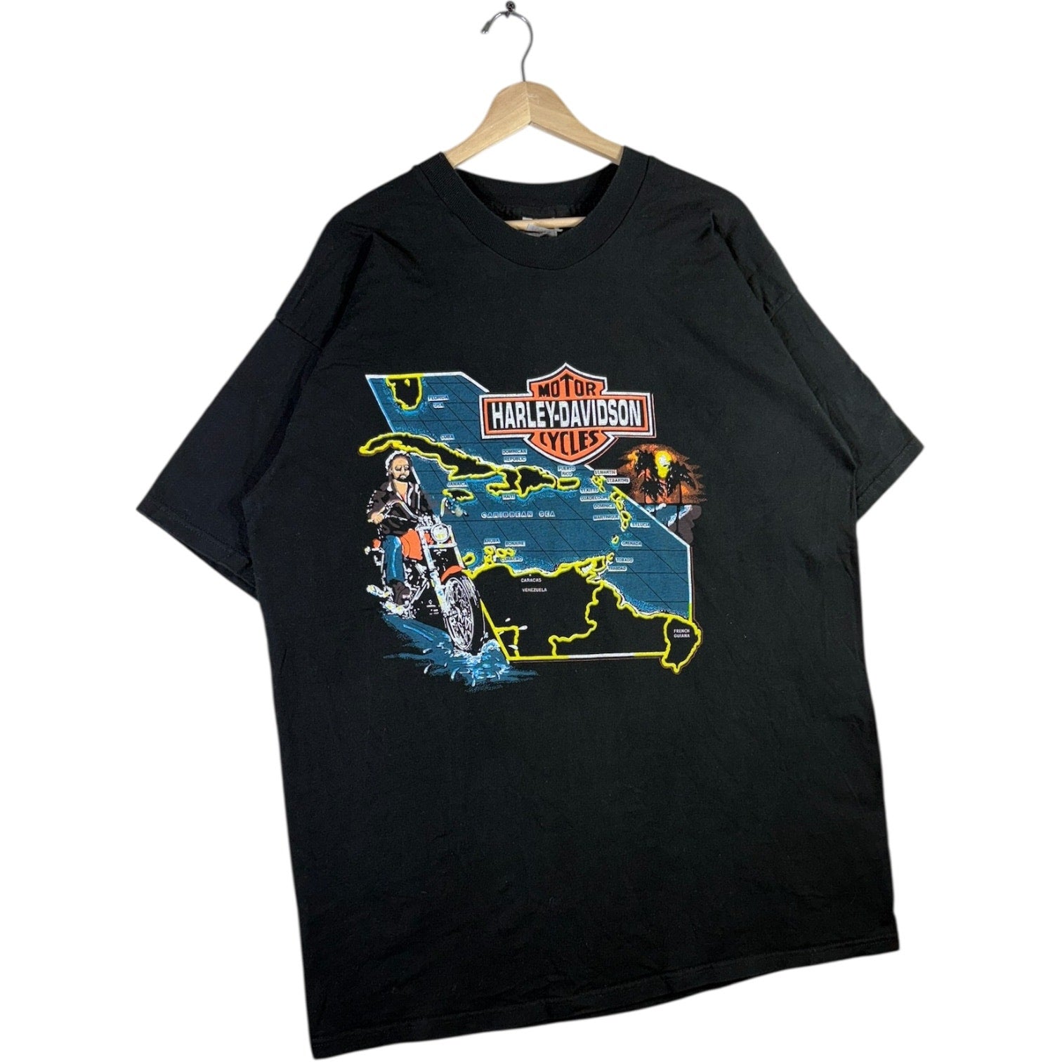 Vintage Harley Davidson Caribbean Map Graphic T-Shirt