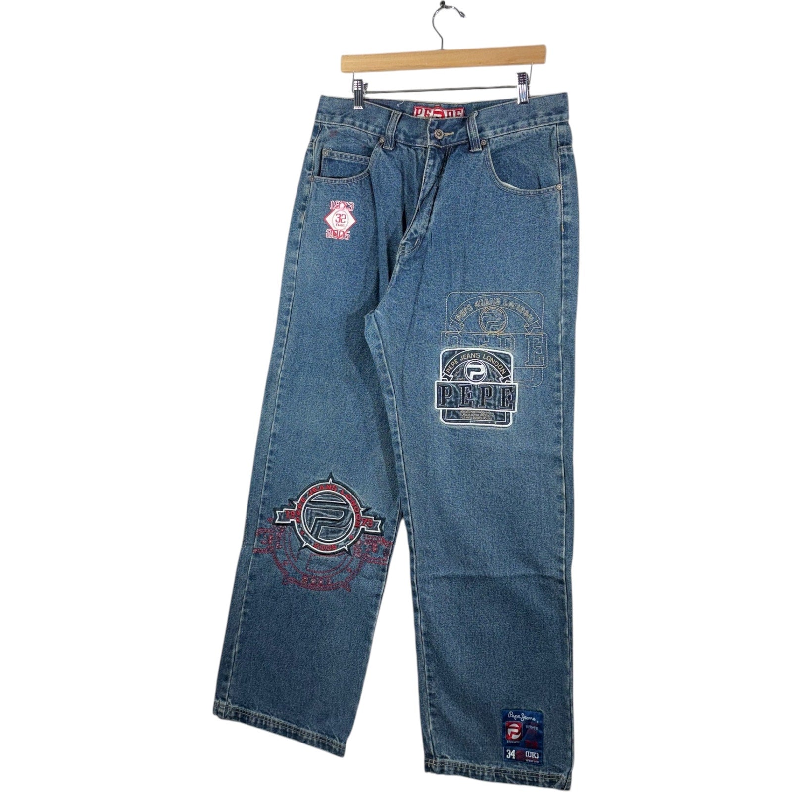 Y2K People Patchwork Straight Leg Denim Jeans 34